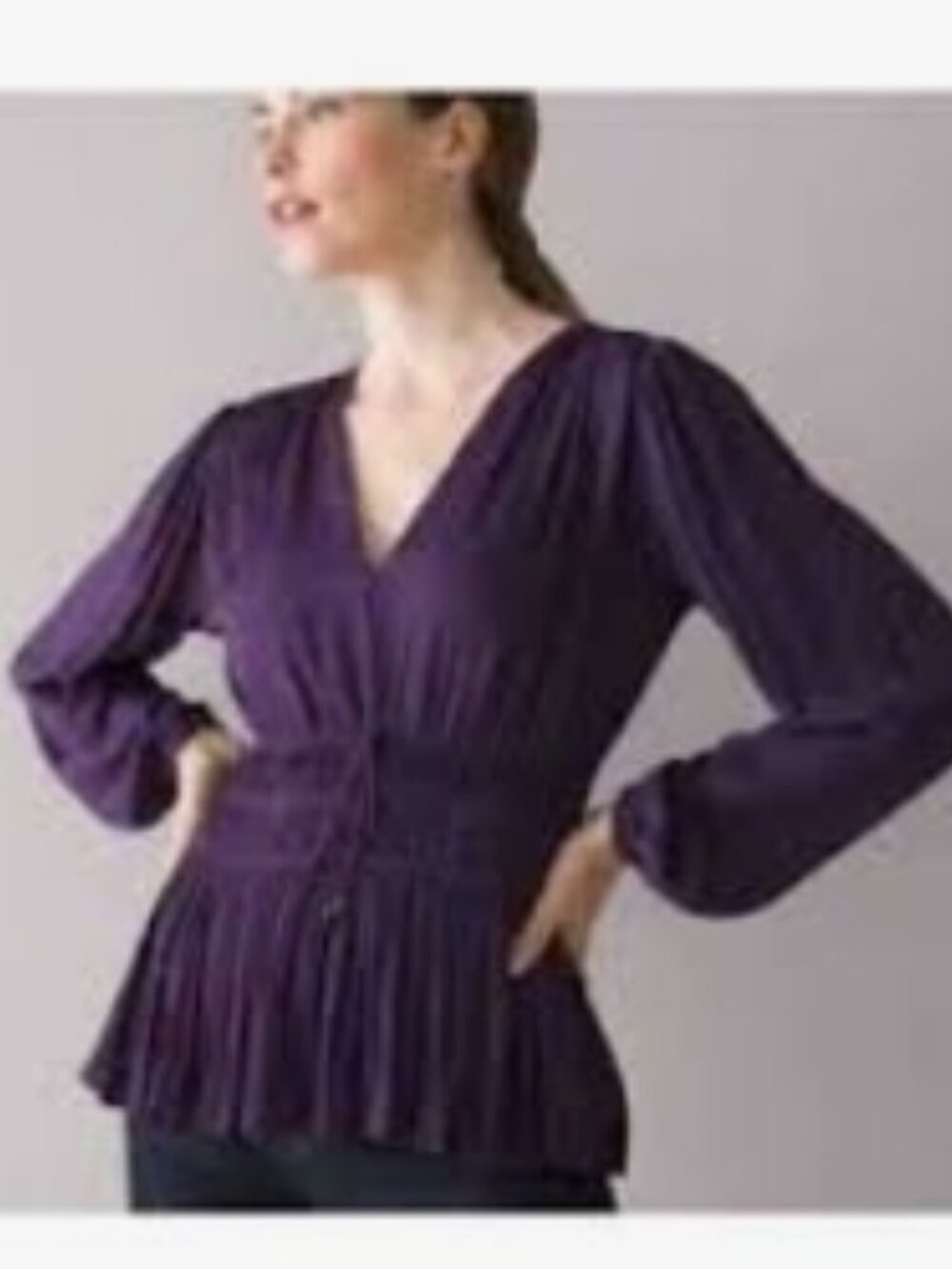 Like New! White House Black Market Purple Long-Sleeve V-Neck Smocked Waist XL